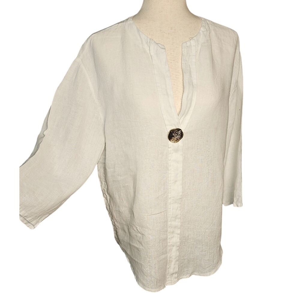 Vintage Made in Italy 100% Linen Y & H Moda, White Tunic with Bronze Button L